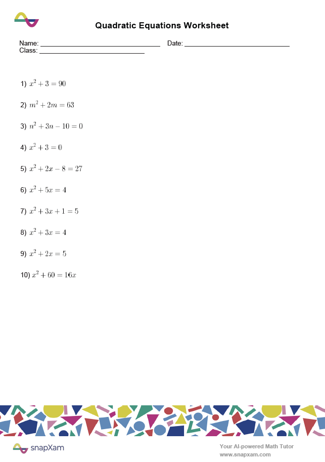 Quadratic Equations Worksheet (1)