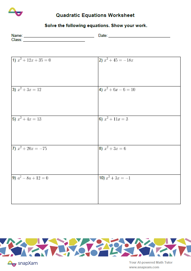Quadratic Equations Worksheet (2)