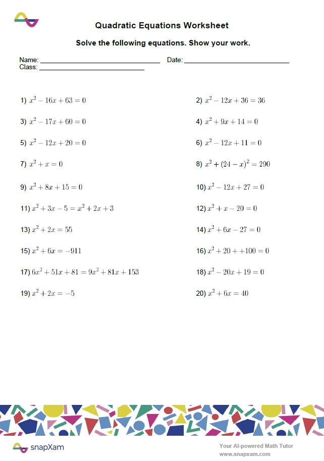 Quadratic Equations Worksheet (3)