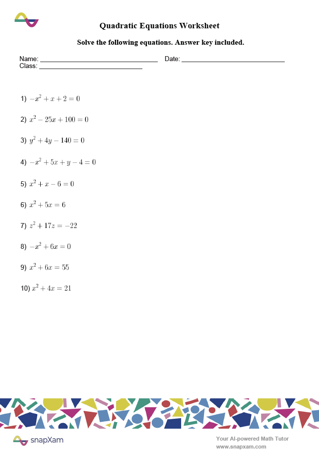Quadratic Equations Worksheet (4)