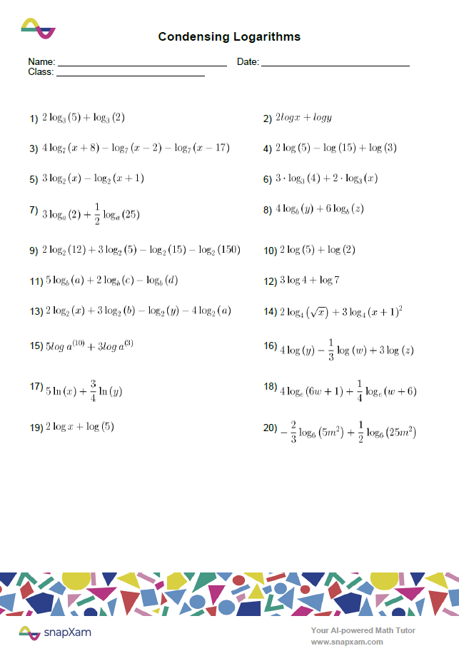 Condensing Logarithms Worksheet (1)