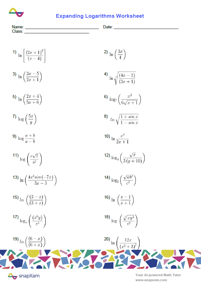 Expanding Logarithms Worksheet (2)