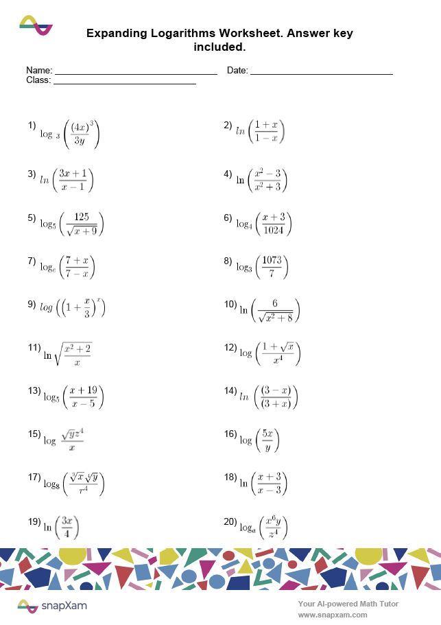 Expanding Logarithms Worksheet (3)
