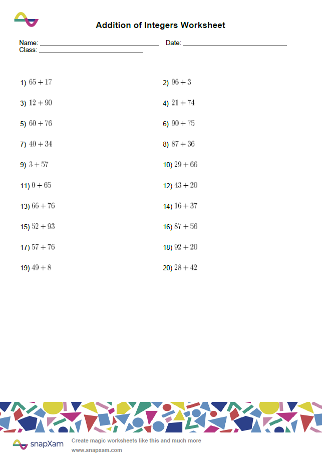 Addition of Integers Worksheet (1)