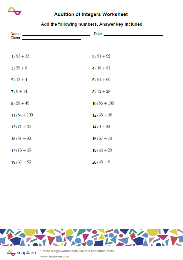 Addition of Integers Worksheet (2)