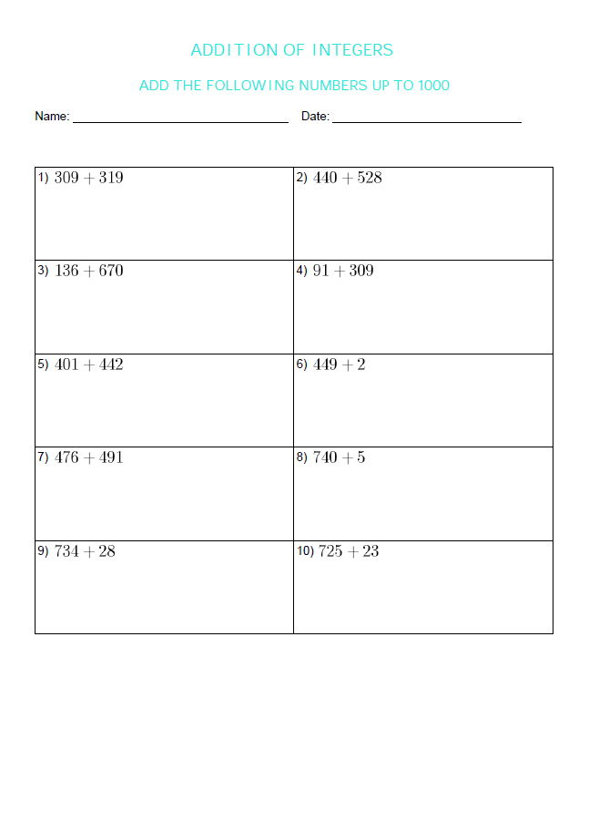 Addition of Integers Worksheet (6)